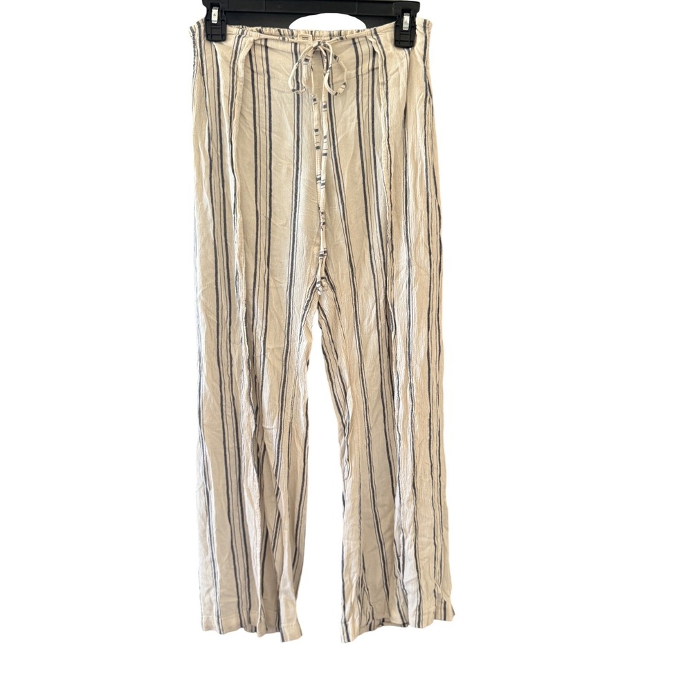 Billabong Womens Striped Wide Leg Linen Blend Pants‎ Cream Navy Blue Coastal L